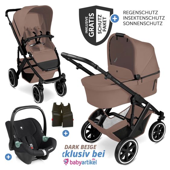 ABC Design 3in1 Kinderwagen-Set Salsa 5 Air - inkl. Babywanne, Autositz Tulip, Sportsitz mit XXL Zubehörpaket - Dark Beige