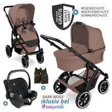 3in1 Salsa 5 Air baby carriage set - incl. carrycot, Tulip car seat, sports seat with XXL accessory pack - Dark Beige