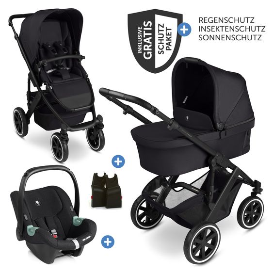 ABC Design 3in1 Kinderwagen-Set Salsa 5 Air - inkl. Babywanne, Babyschale Tulip Bubble, Sportsitz & XXL Zubehörpaket - Coal