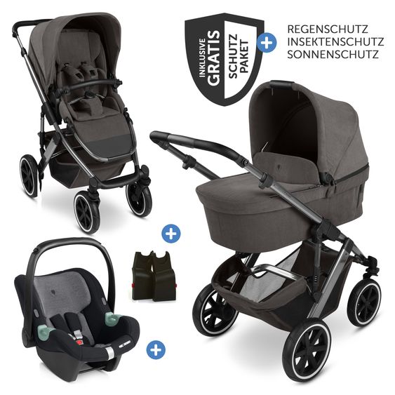 ABC Design 3in1 Kinderwagen-Set Salsa 5 Air - inkl. Babywanne, Babyschale Tulip Graphite, Sportsitz & XXL Zubehörpaket - Almond