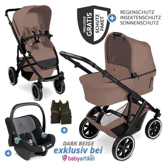 ABC Design 3in1 Kinderwagen-Set Salsa 5 Air - inkl. Babywanne, Babyschale Tulip Graphite, Sportsitz & XXL Zubehörpaket - Dark Beige