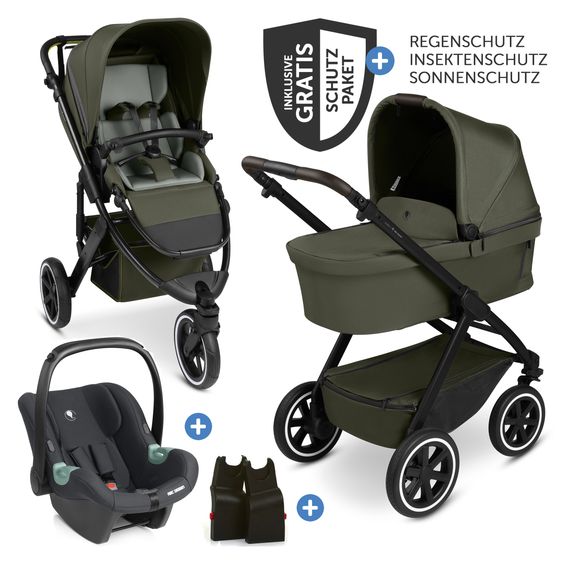 ABC Design 3in1 Kinderwagen-Set Salsa 5 Run mit Babywanne, Babyschale Tulip Black, Sportsitz, Lufträder & Zubehörpaket - Pure - Advocado