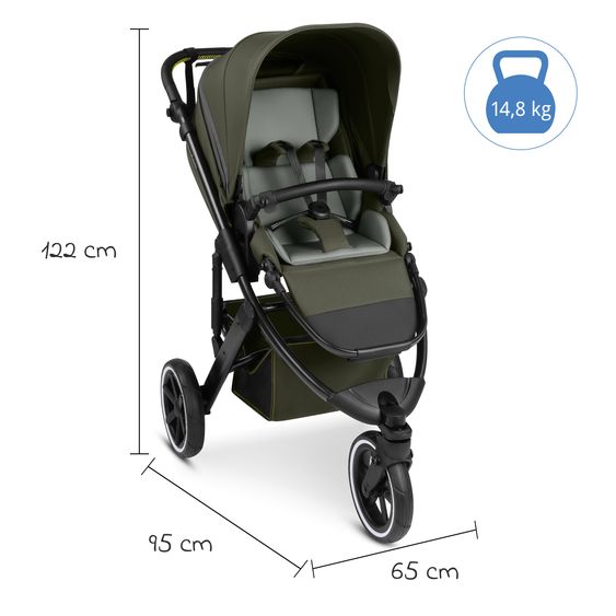 ABC Design 3in1 Kinderwagen-Set Salsa 5 Run mit Babywanne, Babyschale Tulip Black, Sportsitz, Lufträder & Zubehörpaket - Pure - Advocado