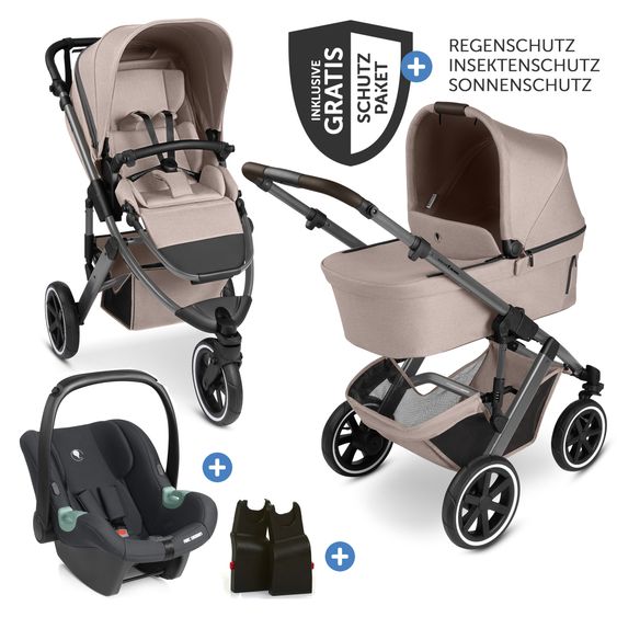 ABC Design 3in1 Kinderwagen-Set Salsa 5 Run mit Babywanne, Babyschale Tulip Black, Sportsitz, Lufträder & Zubehörpaket - Pure - Camel