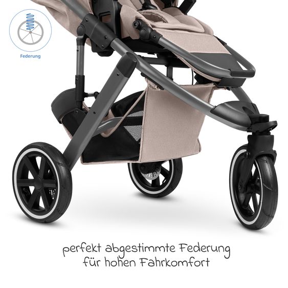 ABC Design 3in1 Kinderwagen-Set Salsa 5 Run mit Babywanne, Babyschale Tulip Black, Sportsitz, Lufträder & Zubehörpaket - Pure - Camel