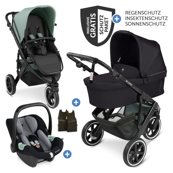 ABC Design 3in1 Kinderwagen-Set Salsa Run - Babywanne, Babyschale Tulip, Sportsitz & XXL Zubheörpaket (mit Sportzulassung, Luftbereifung & Handbremse) - Aqua