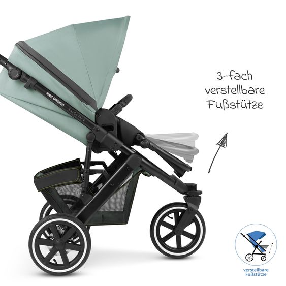 ABC Design 3in1 Kinderwagen-Set Salsa Run - Babywanne, Babyschale Tulip, Sportsitz & XXL Zubheörpaket (mit Sportzulassung, Luftbereifung & Handbremse) - Aqua