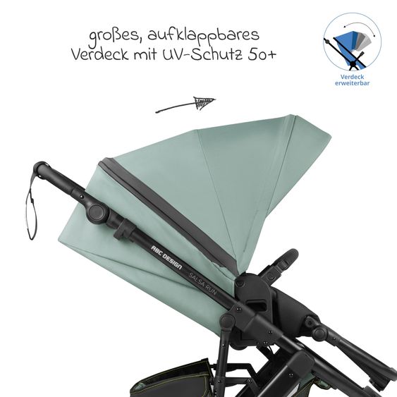 ABC Design 3in1 Kinderwagen-Set Salsa Run - Babywanne, Babyschale Tulip, Sportsitz & XXL Zubheörpaket (mit Sportzulassung, Luftbereifung & Handbremse) - Aqua