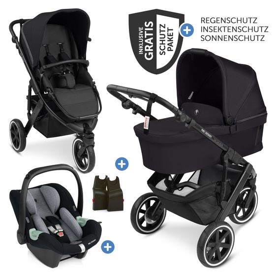 ABC Design 3in1 Kinderwagen-Set Salsa Run - Babywanne, Babyschale Tulip, Sportsitz & XXL Zubheörpaket (mit Sportzulassung, Luftbereifung & Handbremse) - Ink