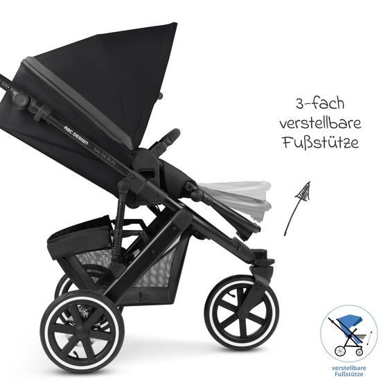 ABC Design 3in1 Kinderwagen-Set Salsa Run - Babywanne, Babyschale Tulip, Sportsitz & XXL Zubheörpaket (mit Sportzulassung, Luftbereifung & Handbremse) - Ink