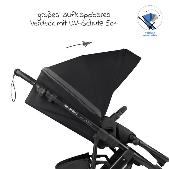 ABC Design 3in1 Kinderwagen-Set Salsa Run - Babywanne, Babyschale Tulip, Sportsitz & XXL Zubheörpaket (mit Sportzulassung, Luftbereifung & Handbremse) - Ink