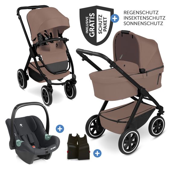 ABC Design 3in1 Kinderwagen-Set Samba 2 - inkl. Babywanne, Autositz Tulip Black, Sportsitz mit XXL Zubehörpaket - Dark Beige