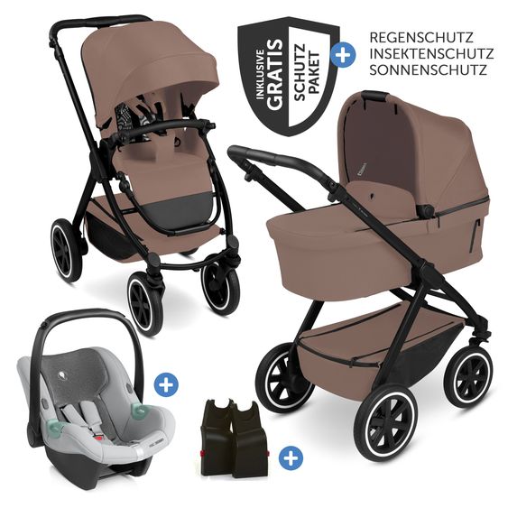 ABC Design Set Passeggino 3in1 Samba 2 - incl. Navicella, Seggiolino auto Tulip Pearl, Seggiolino sportivo con pacchetto accessori XXL - Beige scuro