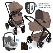 Set Passeggino 3in1 Samba 2 - incl. Navicella, Seggiolino auto Tulip Pearl, Seggiolino sportivo con pacchetto accessori XXL - Beige scuro