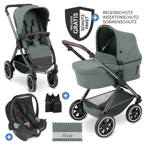 ABC Design Set passeggino Samba 3in1 - include navicella, seggiolino Tulip, seggiolino sportivo e pacchetto accessori XXL - Aloe