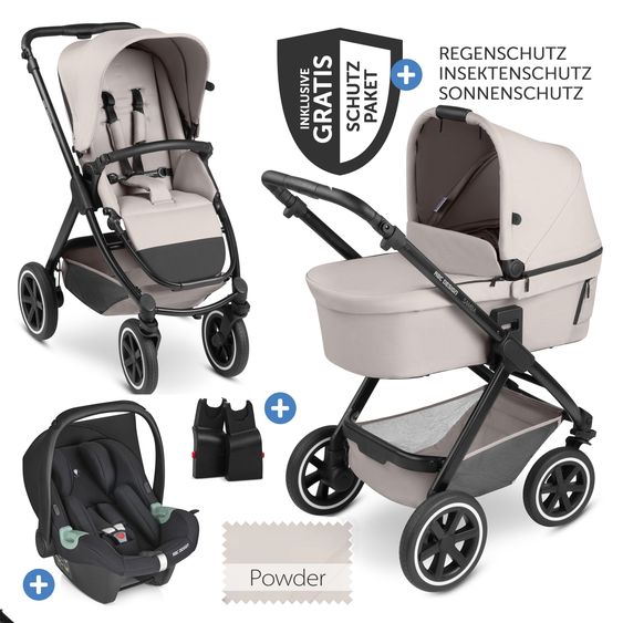 ABC Design 3in1 Kinderwagen-Set Samba - inkl. Babywanne, Autositz Tulip, Sportsitz und XXL Zubehörpaket - Powder