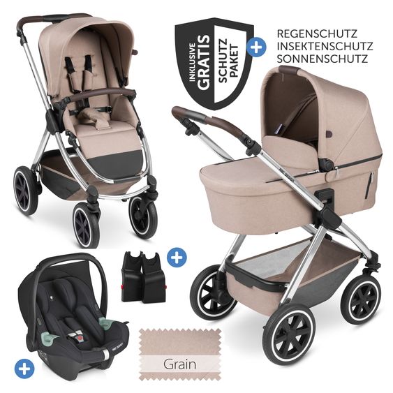 ABC Design 3in1 Kinderwagen-Set Samba - inkl. Babywanne, Autositz Tulip, Sportsitz und XXL Zubehörpaket - Pure Edition - Grain