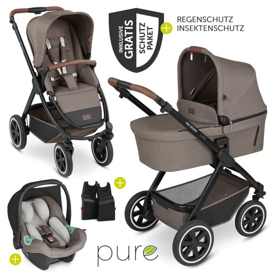 ABC Design 3in1 Kinderwagen-Set Samba - inkl. Babywanne, Autositz Tulip, Sportsitz und Zubehörpaket - Pure Edition - Nature