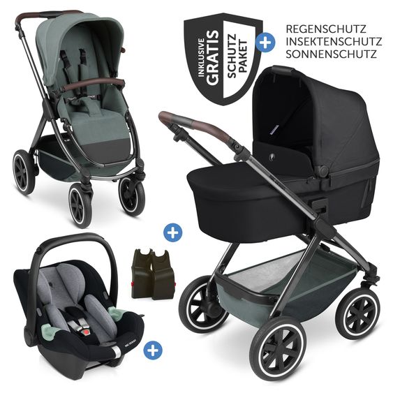 ABC Design 3in1 Kinderwagen-Set Samba inkl. Babywanne, Babyschale Tulip, Sportsitz & XXL Zubehörpaket - Aloe