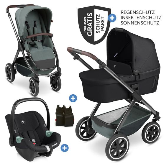 ABC Design 3in1 Stroller Set Samba incl. Babywanne Coal, Infant Car Seat Tulip Bubble, Sports Seat & XXL Accessory Package - Aloe