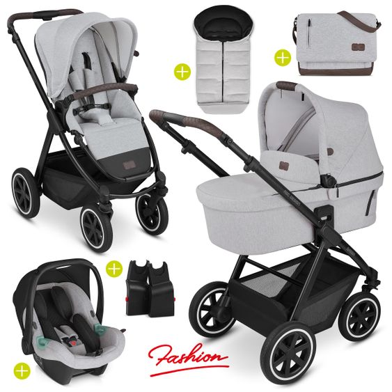 ABC Design 3in1 Kinderwagen-Set Samba - inkl. Babywanne, Tulip, Sportsitz, Wickeltasche & Fußsack - Fashion Edition - Mineral
