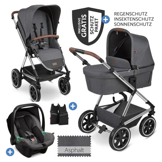 ABC Design 3in1 Kinderwagen-Set Vicon 4 Air - inkl. Babywanne, Autositz Tulip, Sportsitz und XXL Zubehörpaket - Asphalt