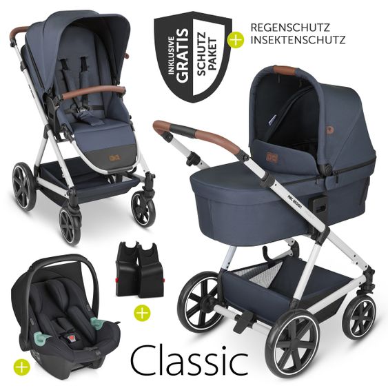 ABC Design Set passeggino 3in1 Vicon 4 - incluso navicella, seggiolino auto Tulip, seggiolino sportivo e pacchetto accessori - Classic Edition - Lago