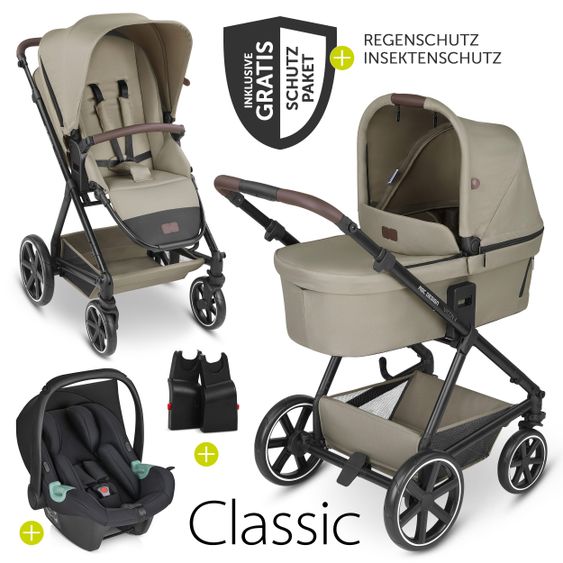 ABC Design Set passeggino 3in1 Vicon 4 - incluso navicella, seggiolino auto Tulip, seggiolino sportivo e pacchetto accessori - Classic Edition - Reed