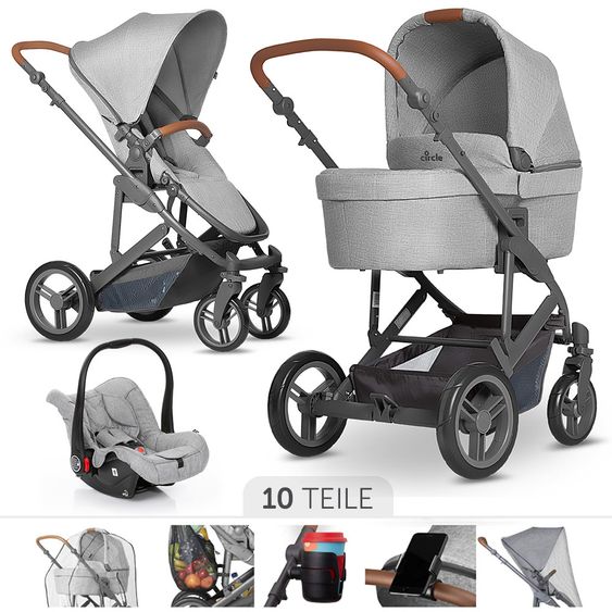 ABC Design Set passeggino Catania 4 3in1 - include navicella, seggiolino auto e pacchetto accessori XXL - Grigio Tessuto