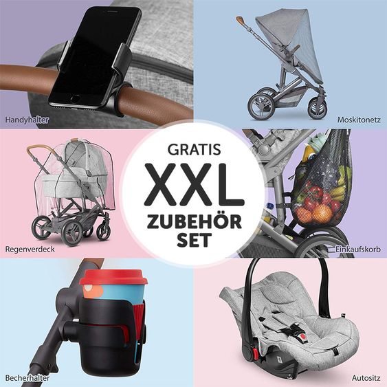 ABC Design Set passeggino Catania 4 3in1 - include navicella, seggiolino auto e pacchetto accessori XXL - Grigio Tessuto