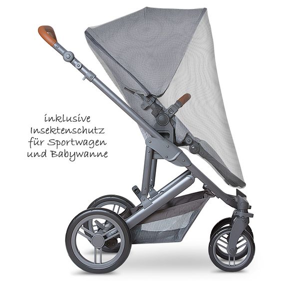 ABC Design Set passeggino Catania 4 3in1 - include navicella, seggiolino auto e pacchetto accessori XXL - Grigio Tessuto