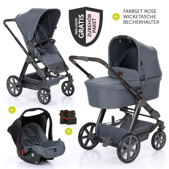 ABC Design 3in1 Kinderwagenset Condor 4 - inkl. Autositz, Babywanne, Sportsitz, Wechsel-Farbset Rose & Zubehörpaket - Mountain