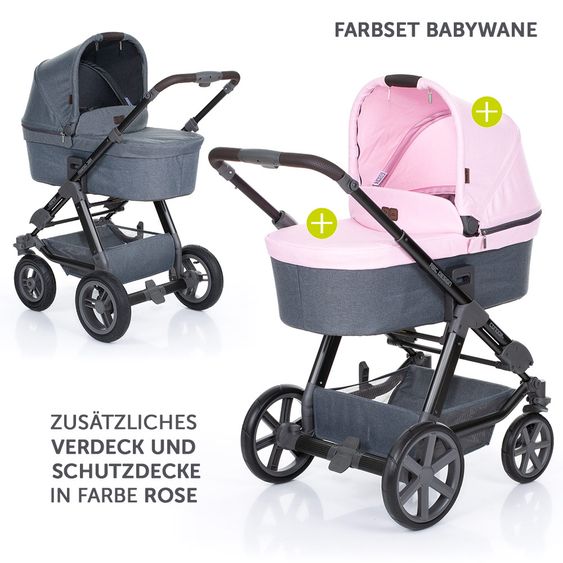 ABC Design 3in1 Kinderwagenset Condor 4 - inkl. Autositz, Babywanne, Sportsitz, Wechsel-Farbset Rose & Zubehörpaket - Mountain