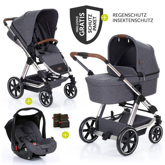 ABC Design Set di passeggini 3in1 Turbo 4 T - Diamond Special Edition - inclusi navicella, marsupio e pacchetto accessori - Asfalto