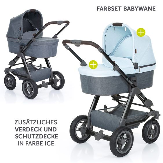 ABC Design 3in1 Kinderwagenset Viper 4 mit Lufträdern - inkl. Autositz, Babywanne, Wechsel-Farbset Ice & Zubehörpaket - Mountain