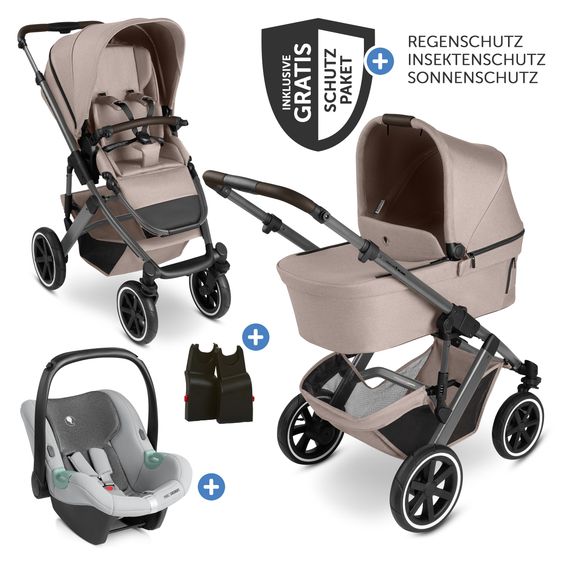 ABC Design 3in1 Combi Stroller Set Salsa 5 Air incl. Carrycot, Seat Unit, Tulip Pearl Infant Car Seat & XXL Accessory Package - Camel