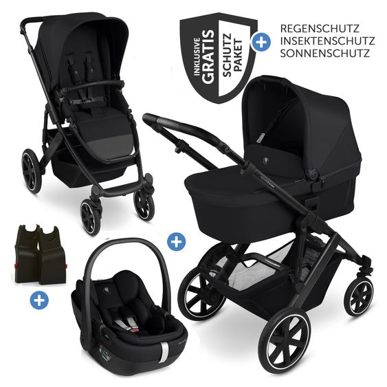 ABC Design 3in1 Combi Stroller Set Salsa Core All in One with foldable carrycot, Calla infant car seat with reclining function, sports seat, adapter incl. accessory pack - Ink