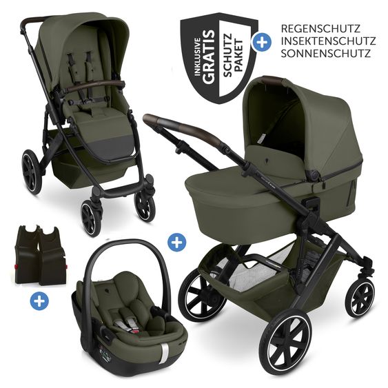 ABC Design 3in1 Kombi-Kinderwagen-Set Salsa Core All in One mit faltbarer Babywanne, Babyschale Calla mit Liegefunktion, Sportsitz,  Adapter inkl. Zubehörpaket - Olive