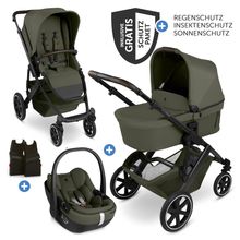3in1 Kombi-Kinderwagen-Set Salsa Core All in One mit faltbarer Babywanne, Babyschale Calla mit Liegefunktion, Sportsitz,  Adapter inkl. Zubehörpaket - Olive