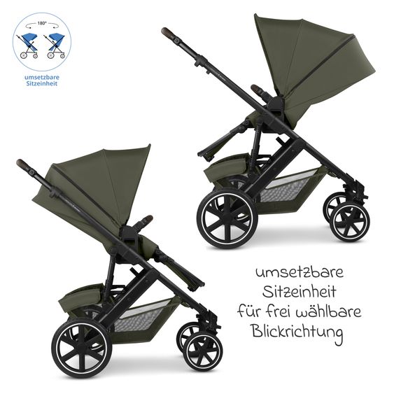 ABC Design 3in1 Kombi-Kinderwagen-Set Salsa Core All in One mit faltbarer Babywanne, Babyschale Calla mit Liegefunktion, Sportsitz,  Adapter inkl. Zubehörpaket - Olive