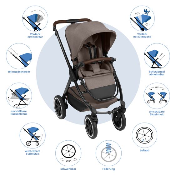 ABC Design Set passeggino combinato 3in1 Samba 2 All in One Set con Maxi Cosi Pebble Pro2, navicella, seggiolino sportivo, adattatore - Pure - Nature