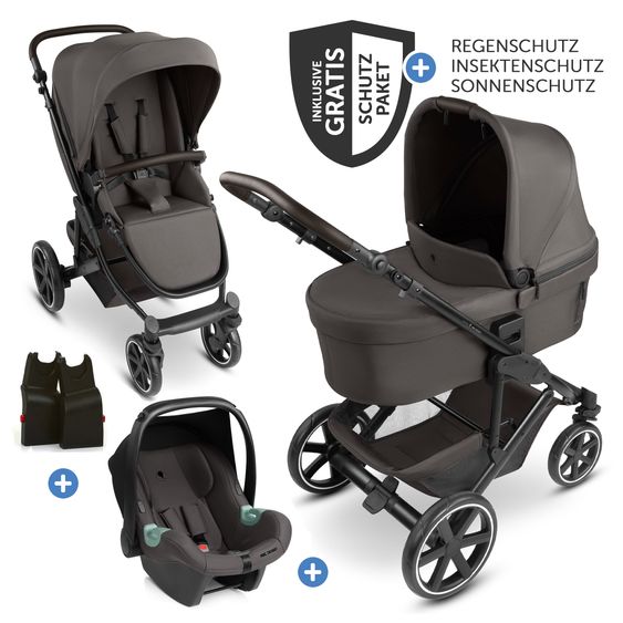 ABC Design Set Passeggino 3in1 Kombi Sierra All in One con navicella pieghevole, seggiolino auto per neonati Tulip, seggiolino sportivo, adattatore incl. pacchetto accessori - Noce
