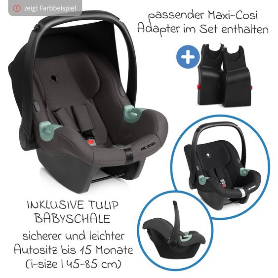ABC Design Set Passeggino 3in1 Kombi Sierra All in One con navicella pieghevole, seggiolino auto per neonati Tulip, seggiolino sportivo, adattatore incl. pacchetto accessori - Noce