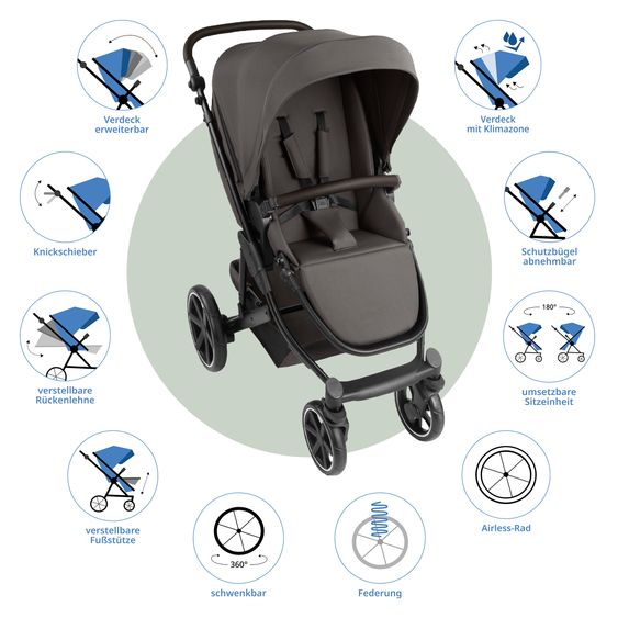 ABC Design Set Passeggino 3in1 Kombi Sierra All in One con navicella pieghevole, seggiolino auto per neonati Tulip, seggiolino sportivo, adattatore incl. pacchetto accessori - Noce