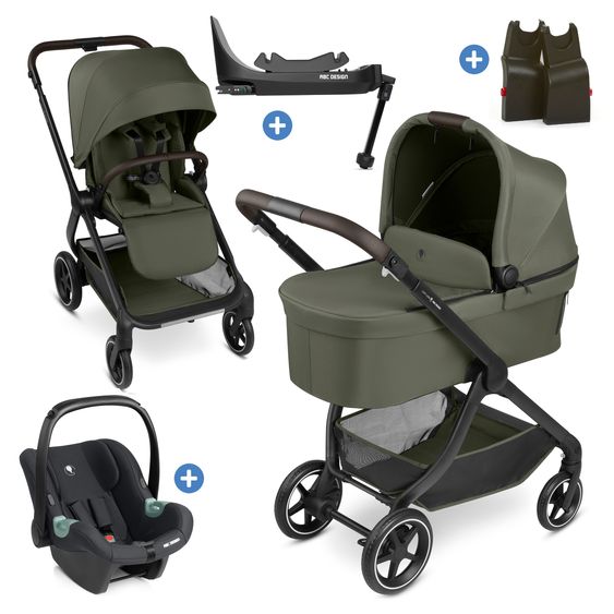 ABC Design Set Passeggino 4in1 City Life - incl. Navicella, Seggiolino auto Tulip Black, Base Isofix, Seggiolino Sport & Adattatore - Avocado