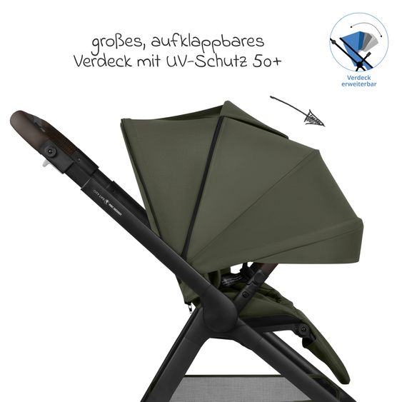 ABC Design Set Passeggino 4in1 City Life - incl. Navicella, Seggiolino auto Tulip Black, Base Isofix, Seggiolino Sport & Adattatore - Avocado