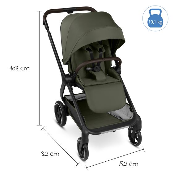 ABC Design Set Passeggino 4in1 City Life - incl. Navicella, Seggiolino auto Tulip Black, Base Isofix, Seggiolino Sport & Adattatore - Avocado