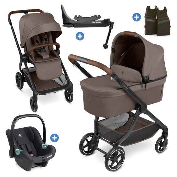 ABC Design Set Passeggino 4in1 City Life - incl. Navicella, Seggiolino auto Tulip Black, Base Isofix, Seggiolino Sport & Adattatore - Nature