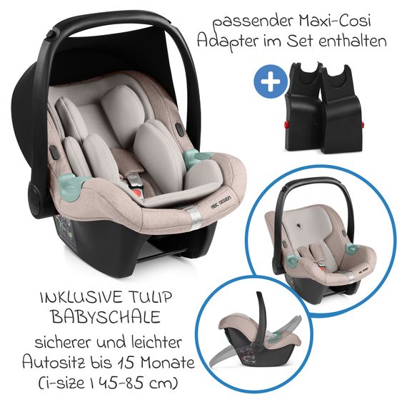 ABC Design Set Passeggino 4in1 Salsa 5 Air- incl. Navicella, Seggiolino auto Tulip Black, Base Isofix, Seggiolino Sportivo & Adattatore - Camel