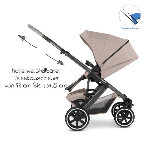 ABC Design Set Passeggino 4in1 Salsa 5 Air- incl. Navicella, Seggiolino auto Tulip Black, Base Isofix, Seggiolino Sportivo & Adattatore - Camel